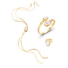 A set of golden baroque imitation pearl jewelry including a necklace, ring, and stud earring.
