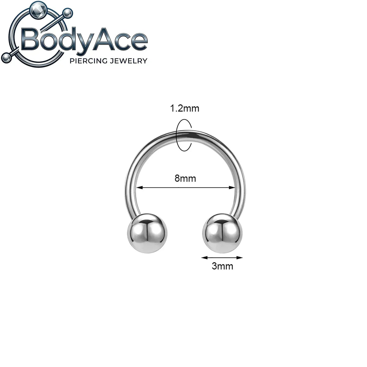 A silver titanium steel nose ring with a curved hoop and a spherical ball, measuring 1.2mm.