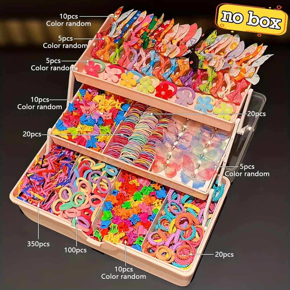 A box of colorful butterfly hair accessories featuring various colored and shaped hair ties and clips.