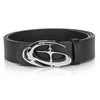 Black leather belt with a silver geometric alloy buckle for men