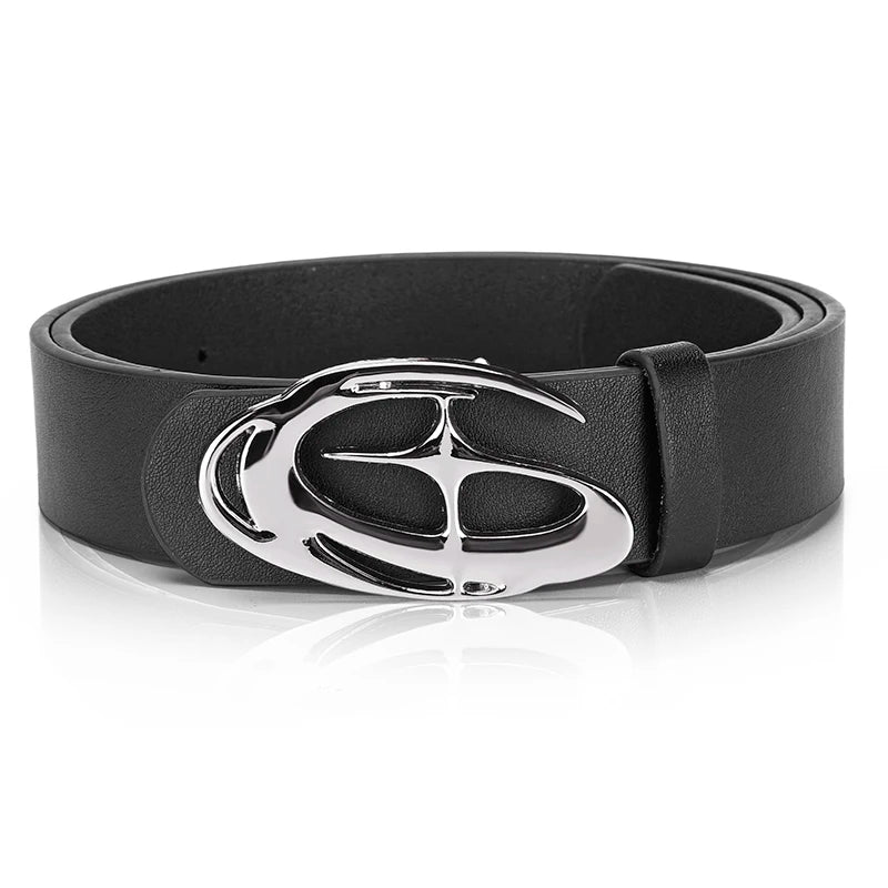 Black leather belt with a silver geometric alloy buckle for men