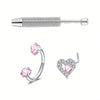 Three stainless steel heart horseshoe nose studs shown with a straight post and a curved hoop design.