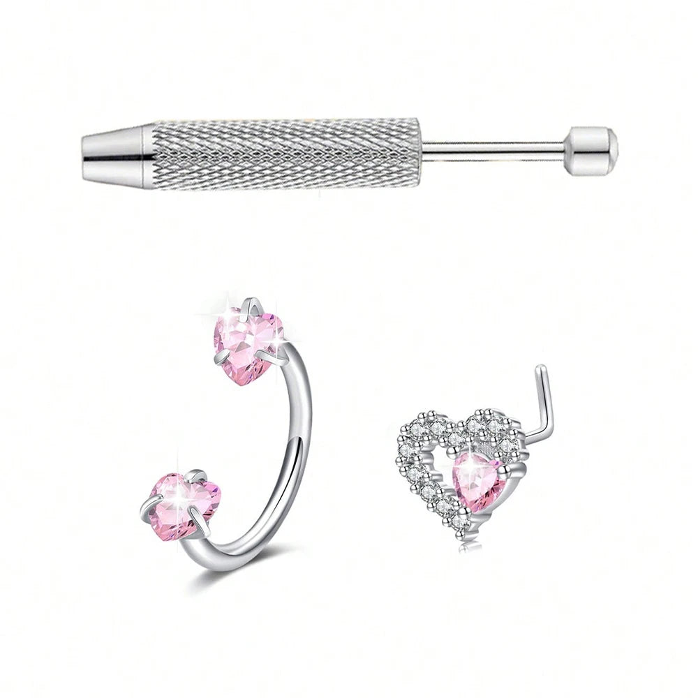 Three stainless steel heart horseshoe nose studs shown with a straight post and a curved hoop design.