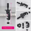 A black mannequin wig stand with adjustable height, shown in various views and dimensions.
