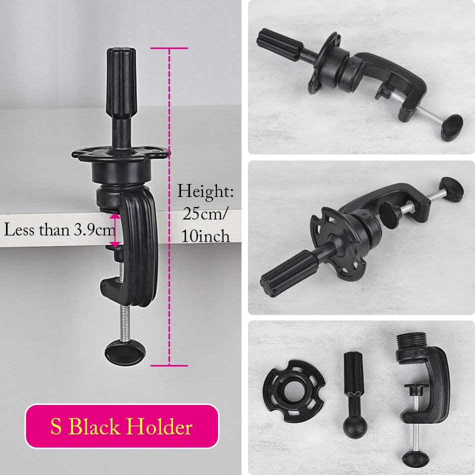 A black mannequin wig stand with adjustable height, shown in various views and dimensions.