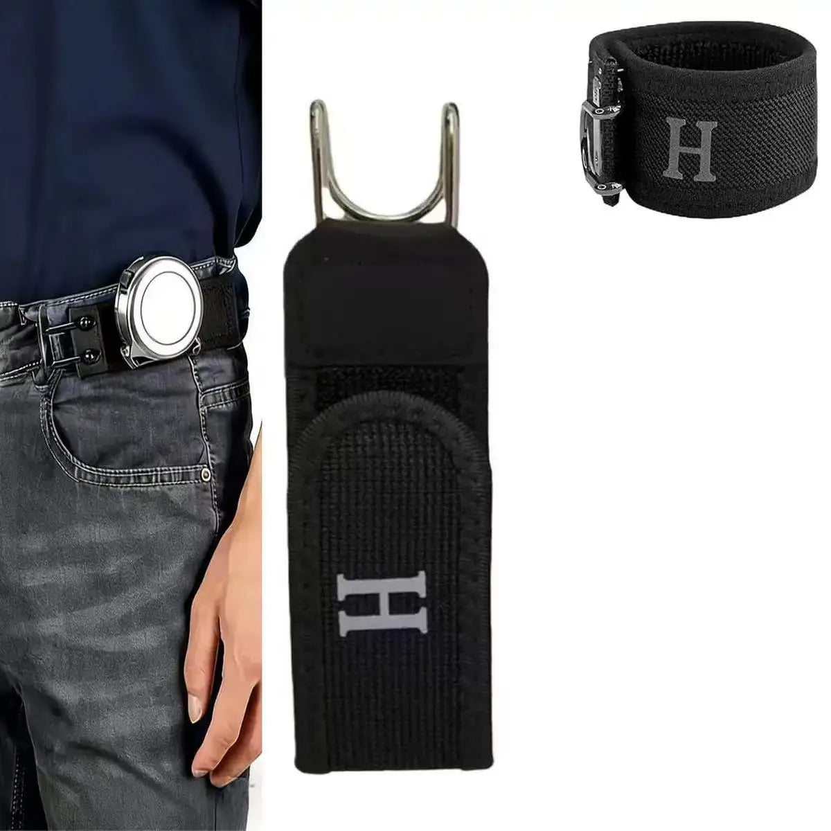 Black adjustable elastic waistband buckle set with silver hardware and a matching strap.
