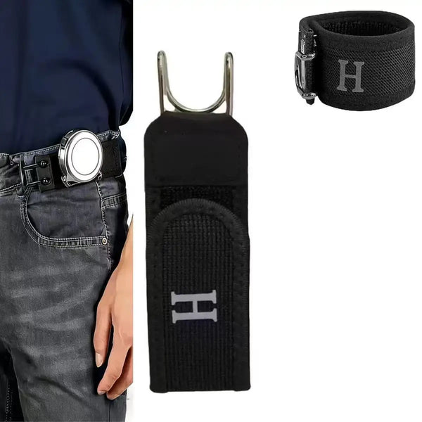 Black adjustable elastic waistband buckle set with silver hardware and a matching strap.