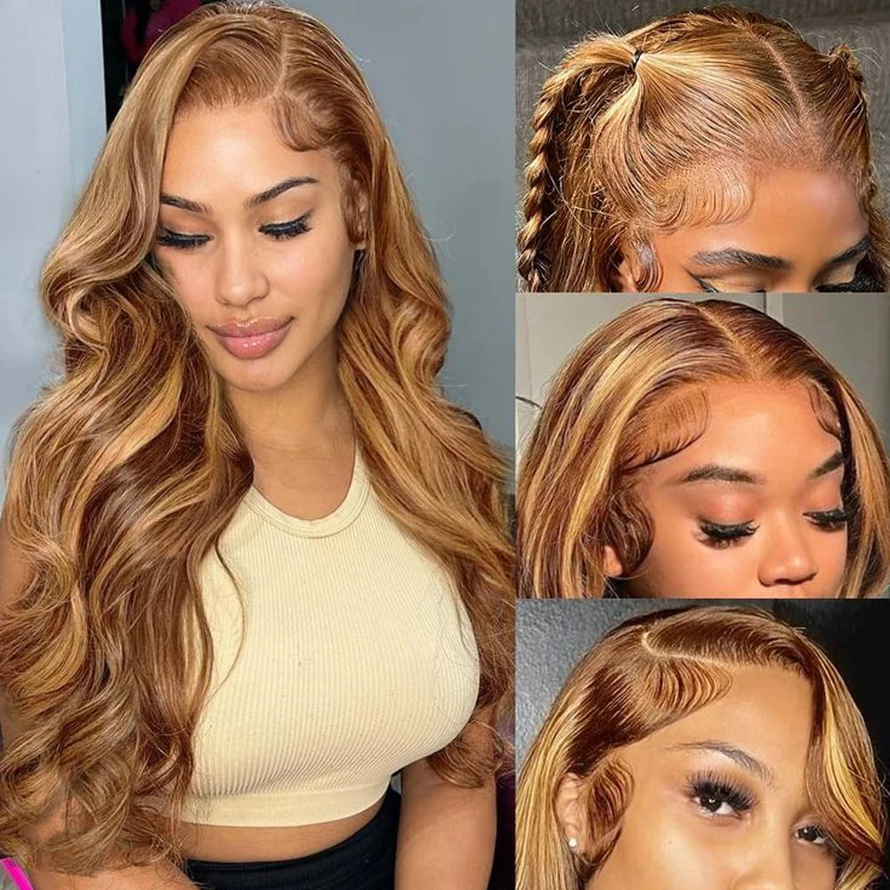 A woman modeling an HD Ombre Honey Blonde Wavy Lace Front Wig with long wavy hair.