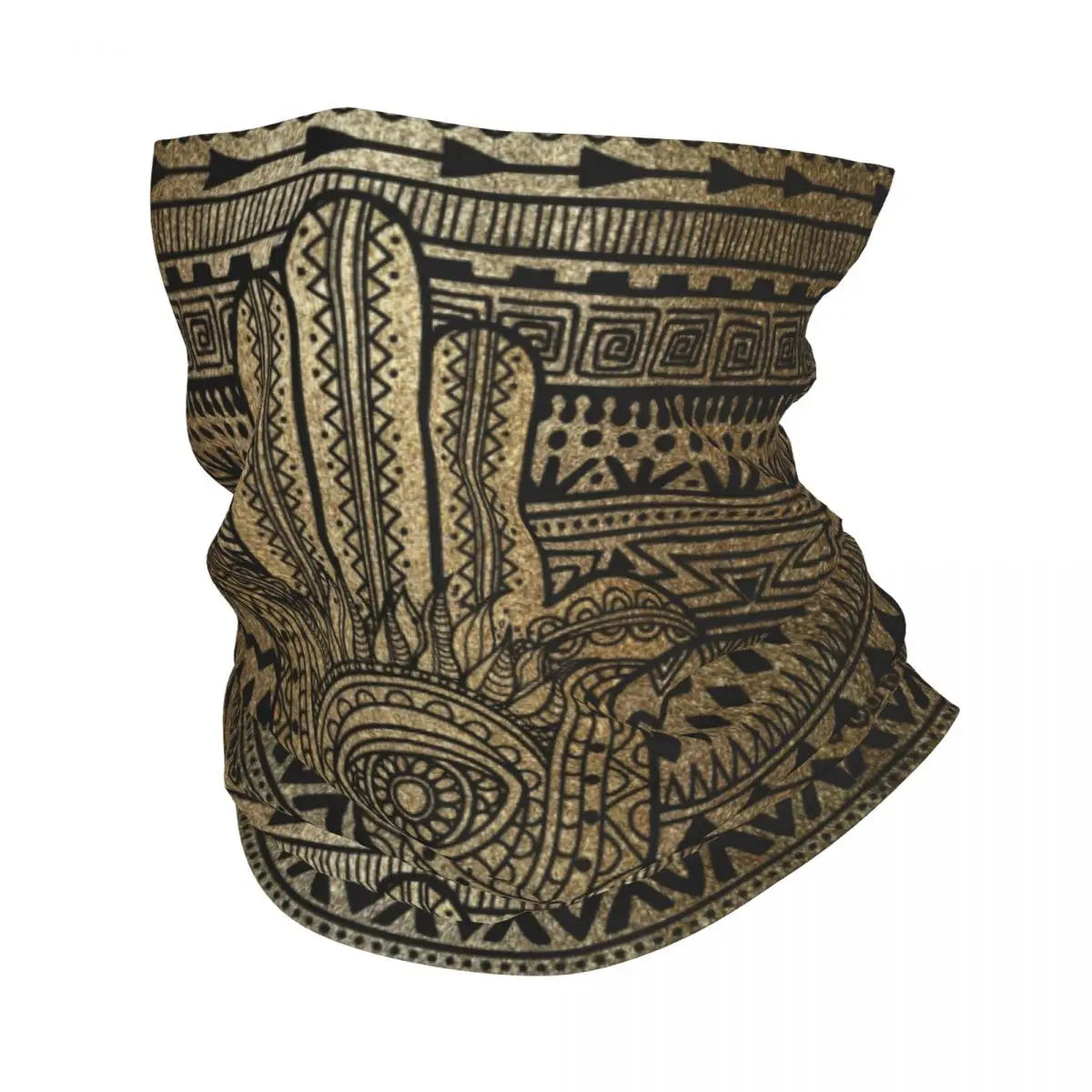 A close-up of a bohemian hamsa hand bandana neck gaiter featuring intricate geometric patterns in gold and black tones.