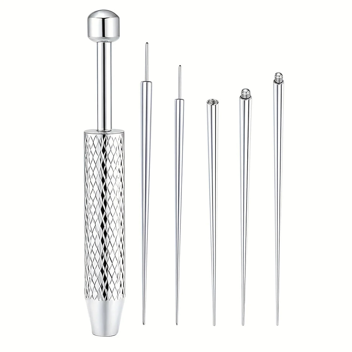 A set of titanium piercing tools including various needles and tips for nose, lip, and cartilage piercings.