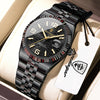 A black and silver watch is displayed in a box with a white card, featuring the brand name on the watch face.