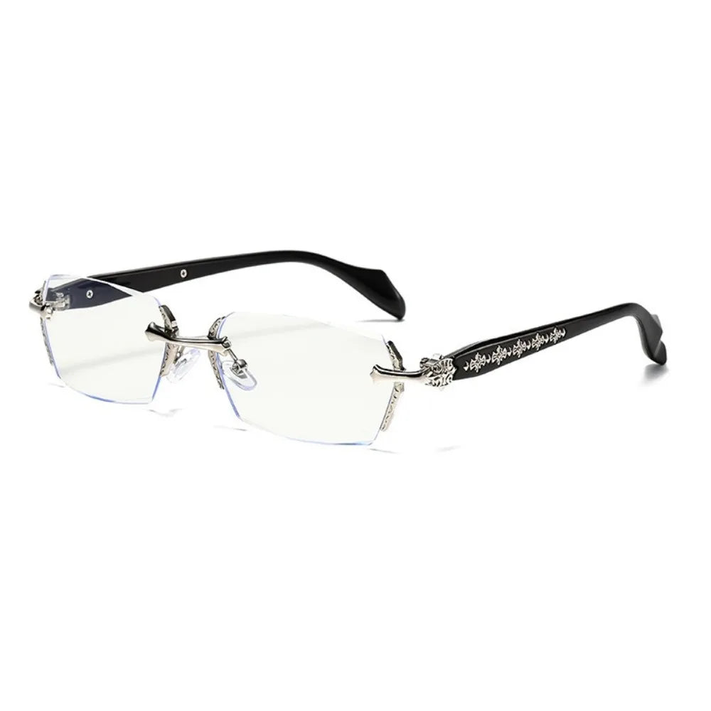 Clear vintage frameless glasses with black frames and blue light protection lens