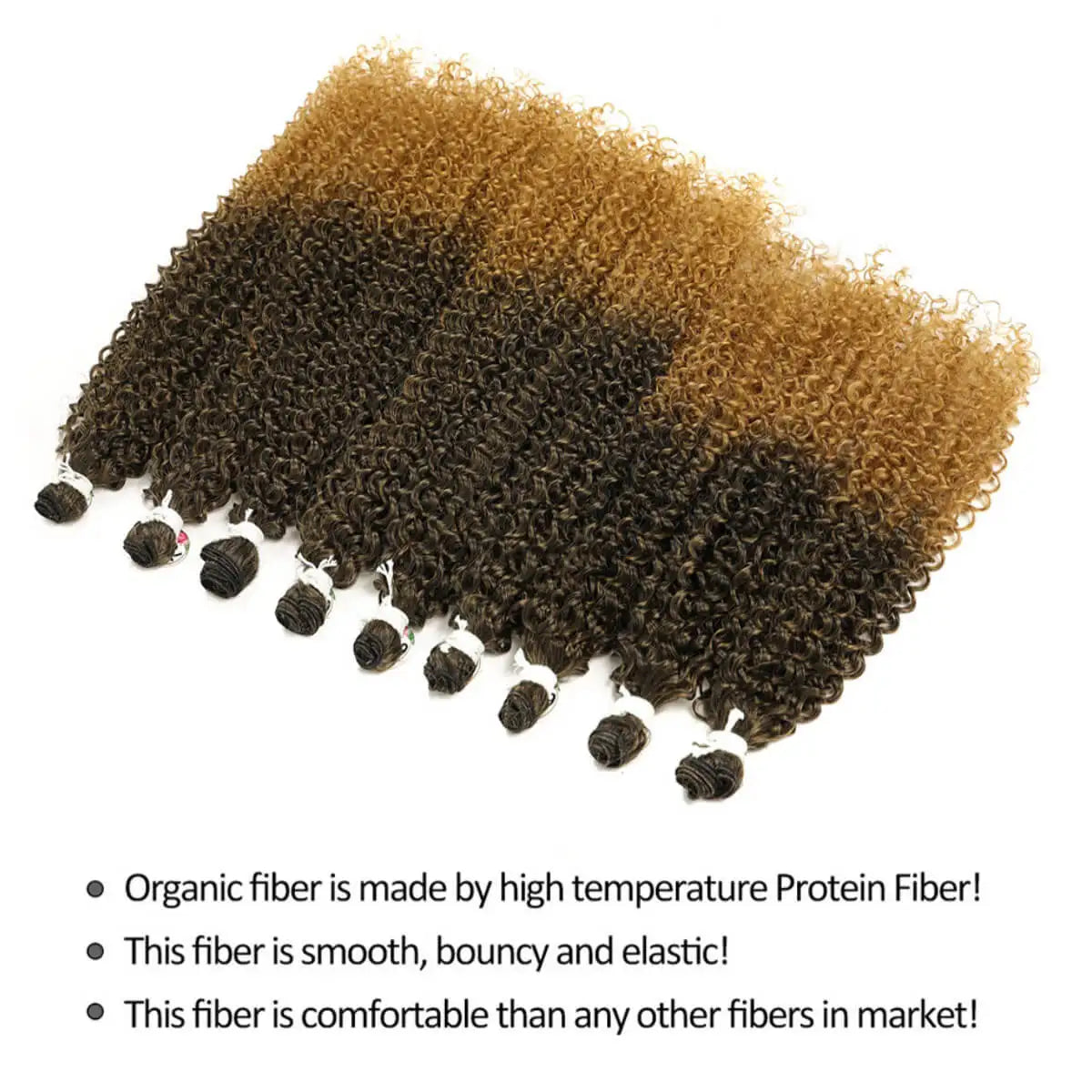 A bundle of long curly hair extensions showing a gradient from dark brown to light blonde.