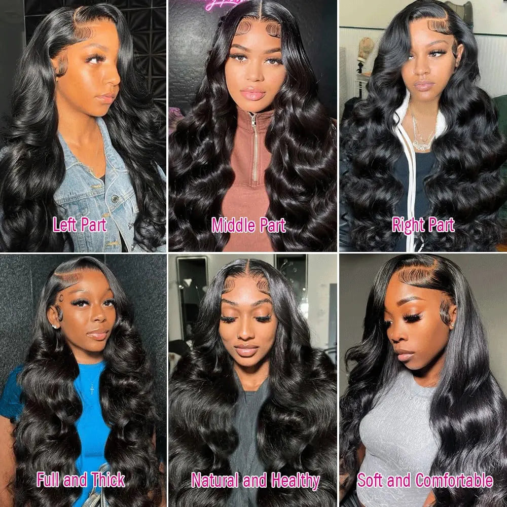 A collage showing various styles of a Peruvian Body Wave HD Lace Front Wig from different angles and textures.