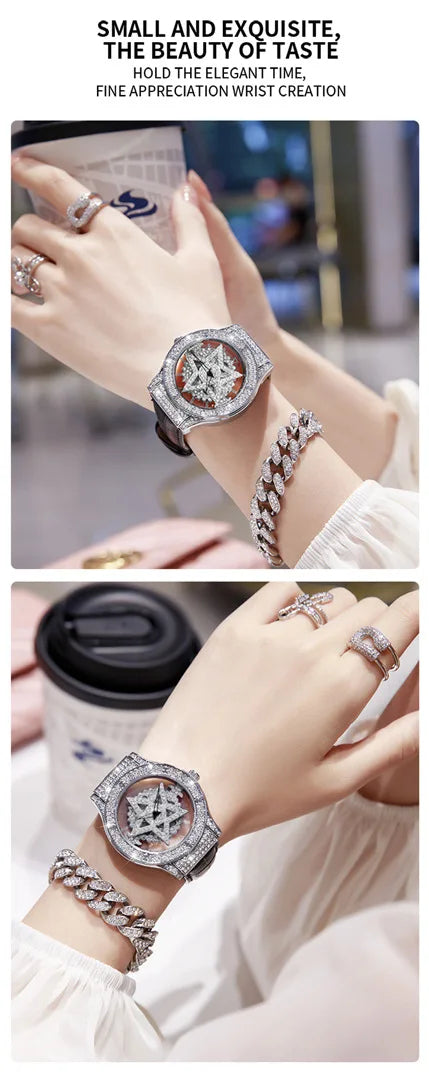 A close-up of a woman wearing an elegant silver watch with a diamond-encrusted rotating mechanism on her wrist.