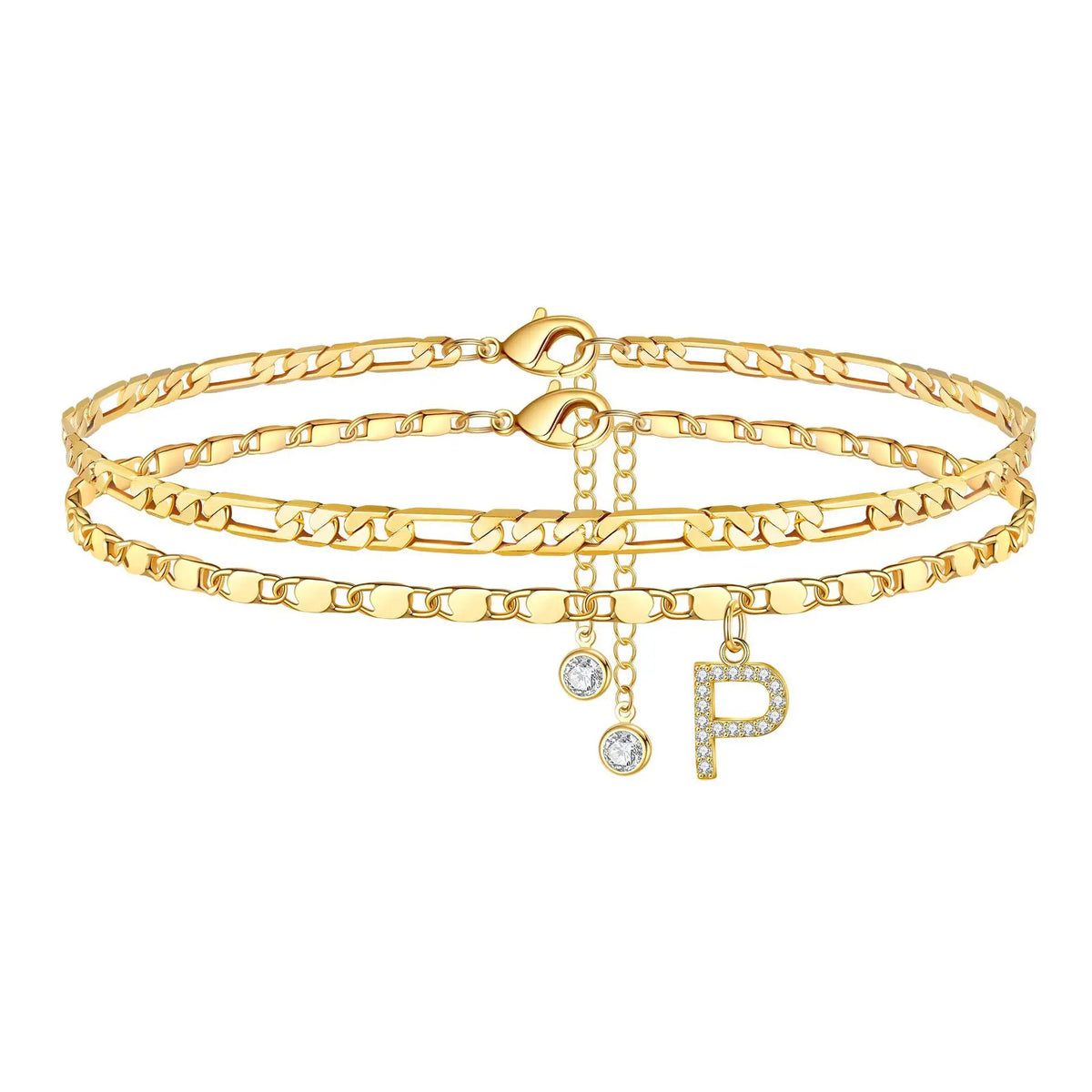 Gold plated initial letter anklet featuring a chain and a pendant letter P