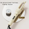 A beige bi-directional timing buzzer device is shown next to a white clock and a curling iron tool.