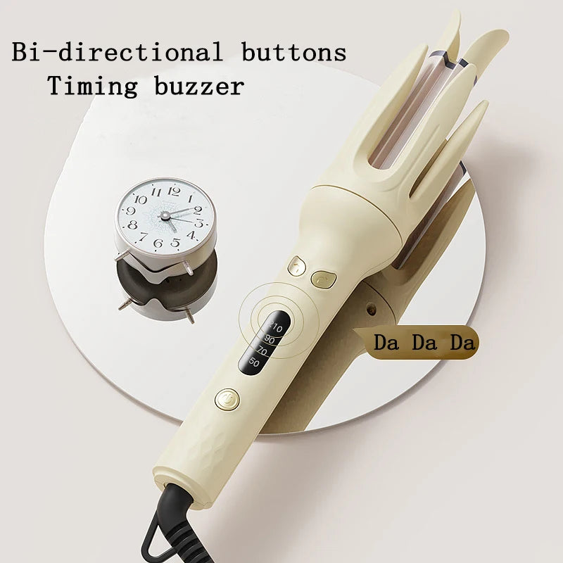 A beige bi-directional timing buzzer device is shown next to a white clock and a curling iron tool.