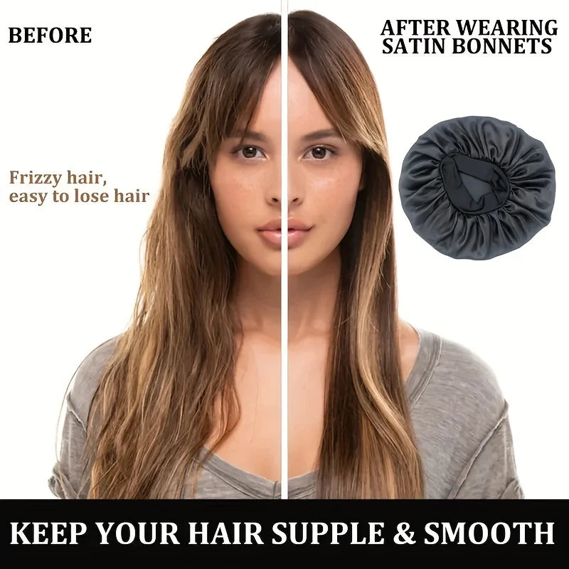 Comparaison avant/après : cheveux d'une femme avant et après le port de bonnets en satin pour la douceur