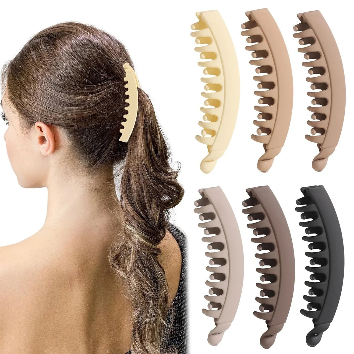 A set of large banana hair clips in various shades of beige, pink, and black shown alongside a woman's hair.