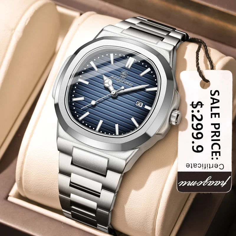 A silver Men's Luxury Quartz Wristwatch with a blue dial and luminous features is displayed in a light-colored box.