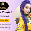 A woman modeling a purple ponytail extension worn in a yellow jacket for cosplay.