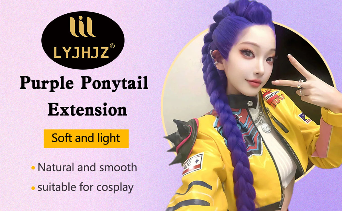 A woman modeling a purple ponytail extension worn in a yellow jacket for cosplay.