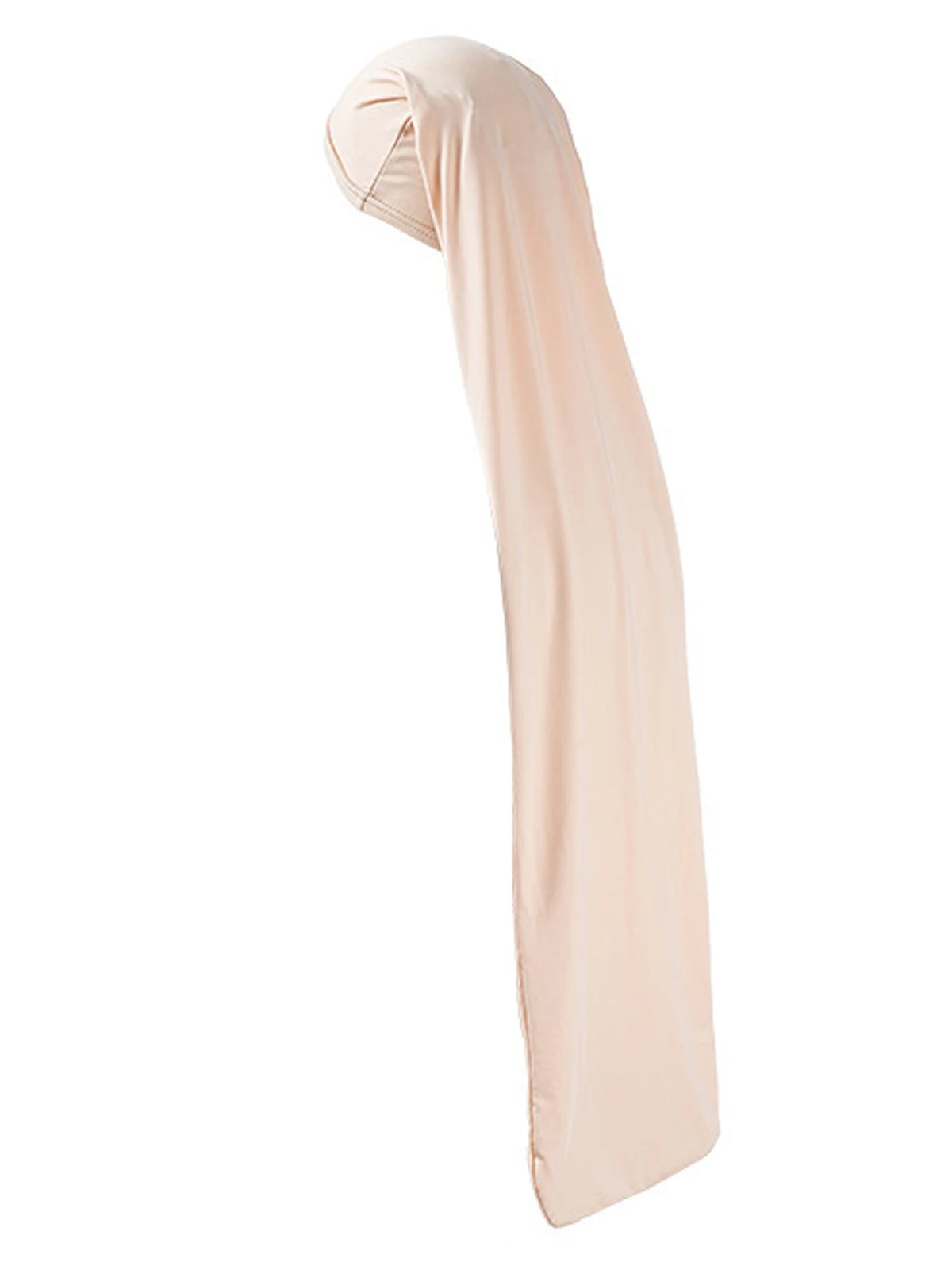 A light pink soft knit hair wrap or cap for sleeping and protection.