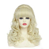 A long wavy blonde wig with a big bouffant beehive style displayed on a mannequin head.