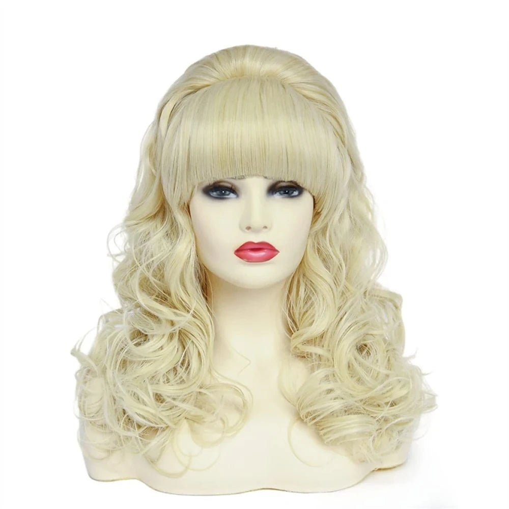 A long wavy blonde wig with a big bouffant beehive style displayed on a mannequin head.
