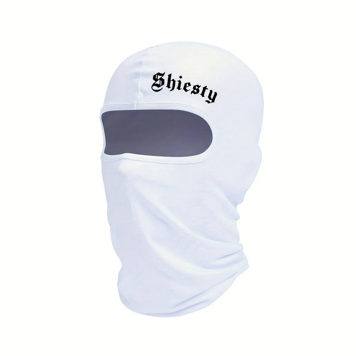 Mascarilla facial balaclava blanca con texto negro que dice Shiesty