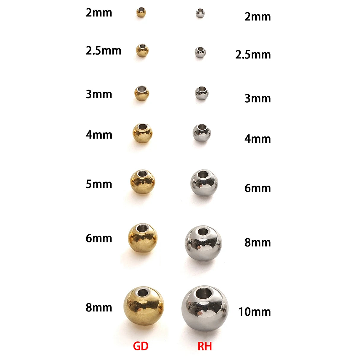A collection of stainless steel spacer beads in various sizes and finishes, including gold-toned and silver-toned options.