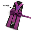 A set of purple polyester suspenders with bow ties displayed against a black background.
