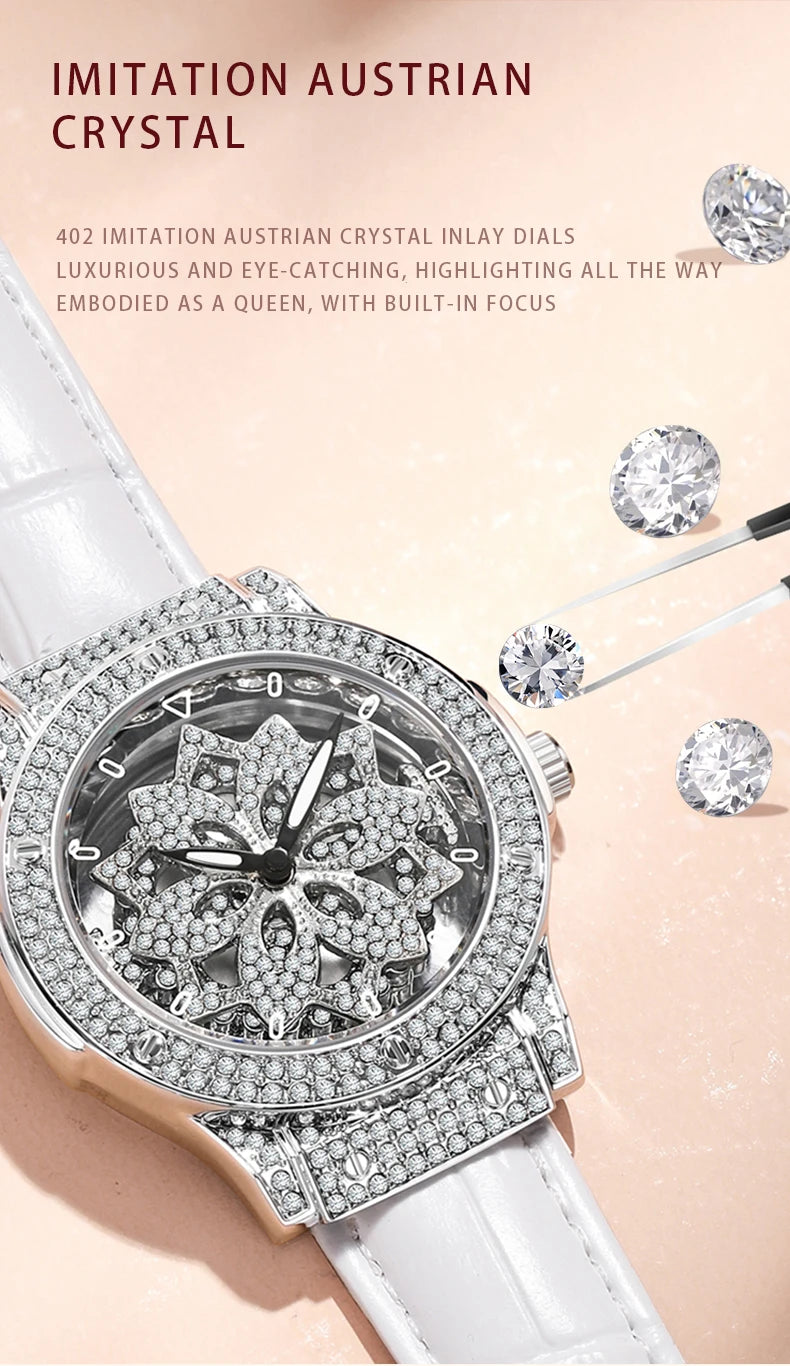 Gros plan d'une montre argentée avec des cadrans incrustés de cristal autrichien imitation et un boîtier serti de diamants.