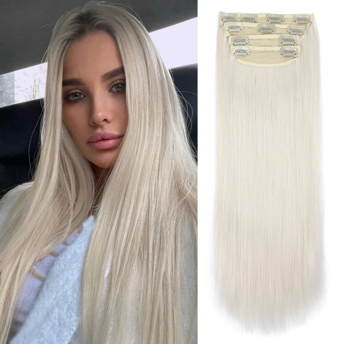 Long, straight platinum blonde hair with light gold ombre tips and decorative clips