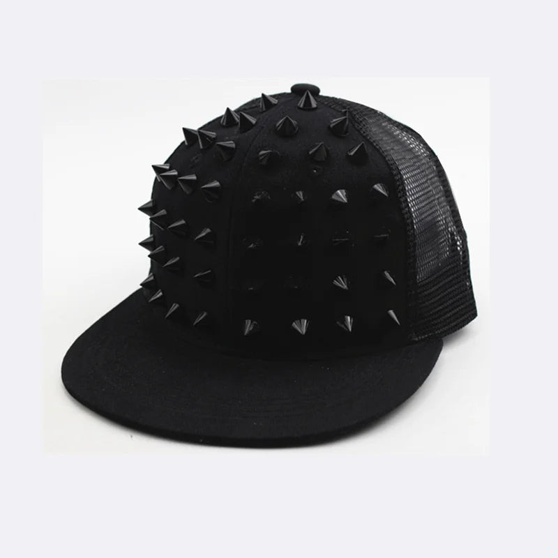 Black flat hat baseball cap with a mesh top and studded detailing