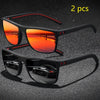 A pair of vintage check pattern sunglasses with orange lenses and black frames are displayed on a dark surface.