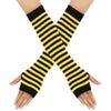 Elegant knitted fingerless gloves with black and yellow horizontal stripes crossed on a hand