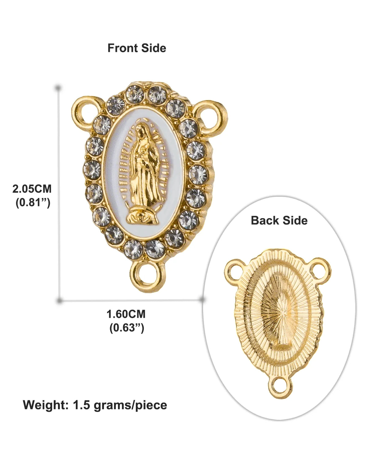 Gold-toned religious pendant featuring a depiction of the Virgin Mary surrounded by clear stones.