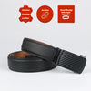 A black men's genuine leather ratchet dress belt with a textured finish and black buckle.