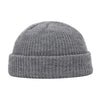 A gray knitted beanie cap with a ribbed cuff shown from the front.