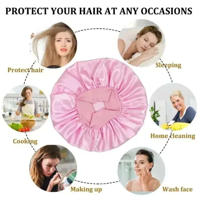 Pink silicone hair rollers and styling tools used for protecting hair during sleeping, cooking, makeup, and facial washing.