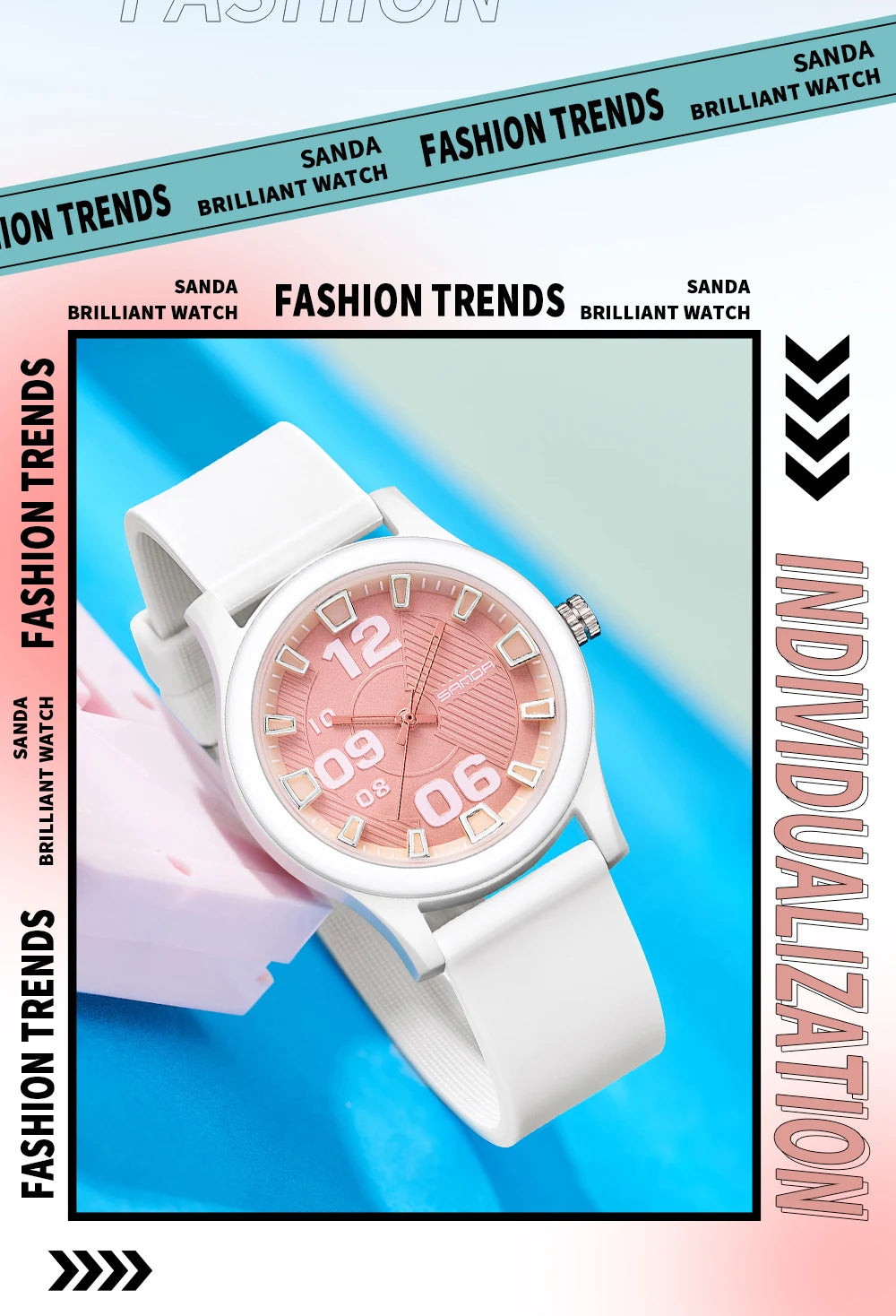 A white classic quartz fashion watch with a rose gold dial and silicone strap displayed on a blue background.