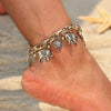 A gold charm bracelet featuring elephant and heart motifs worn on a person's wrist.