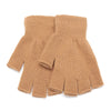 A pair of tan knit half finger gloves for winter warmth.