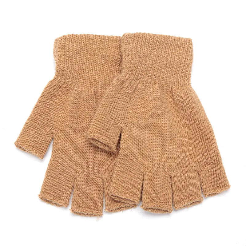 A pair of tan knit half finger gloves for winter warmth.