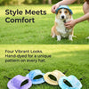 Quatre chapeaux pour animaux teints à la main (violet, bleu, jaune et sarcelle) posés sur de l'herbe verte avec un chien à pr
