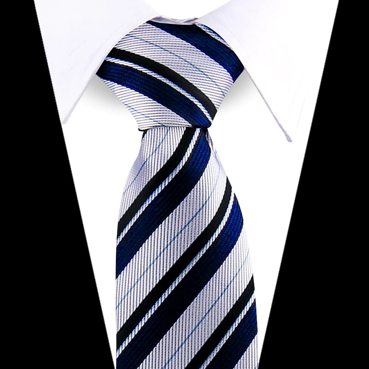 A close-up of a blue and white striped silk necktie tied in a knot against a white shirt.