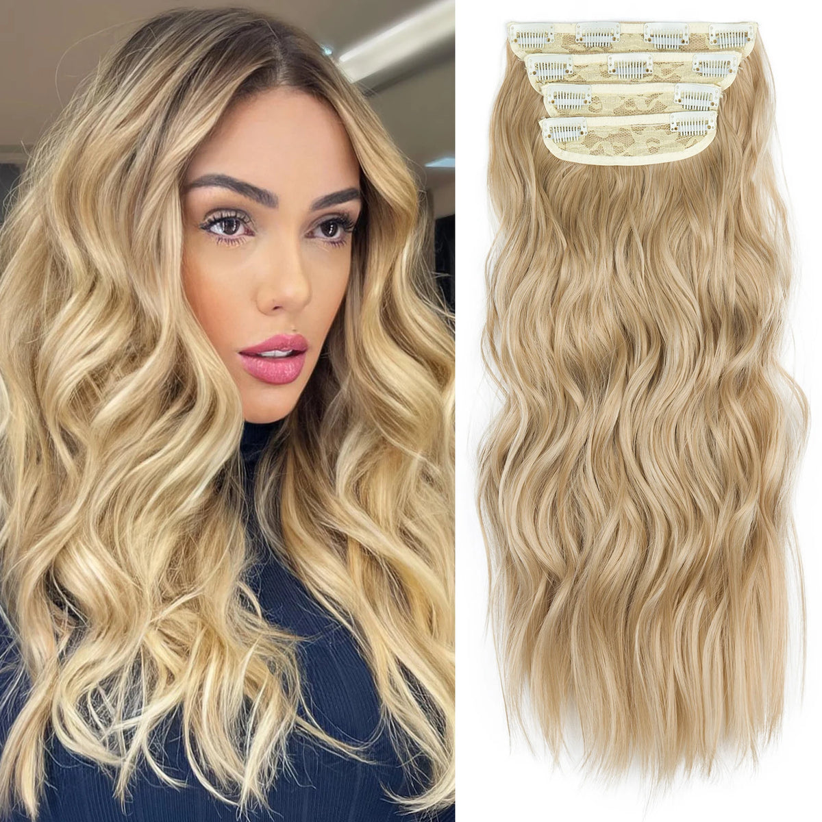 Close-up of a woman modeling long, wavy blonde hair with synthetic ombre clips.