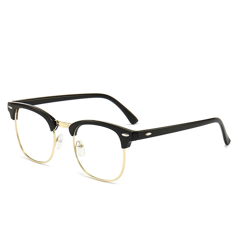 Gafas clásicas vintage antirreflejo azul con montura negra y lentes transparentes.